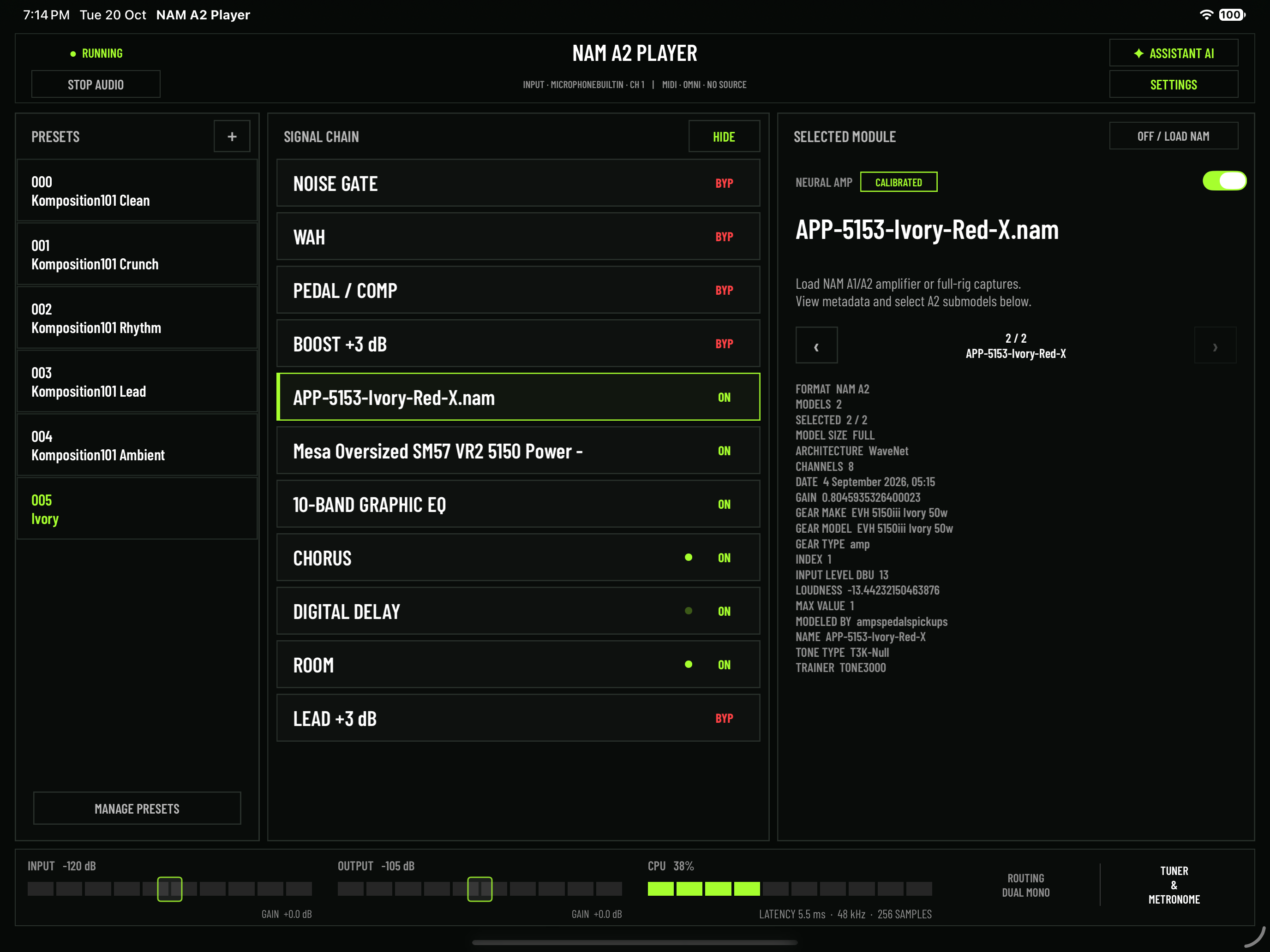 NAM A2 Player calibrated NAM rig on iPad