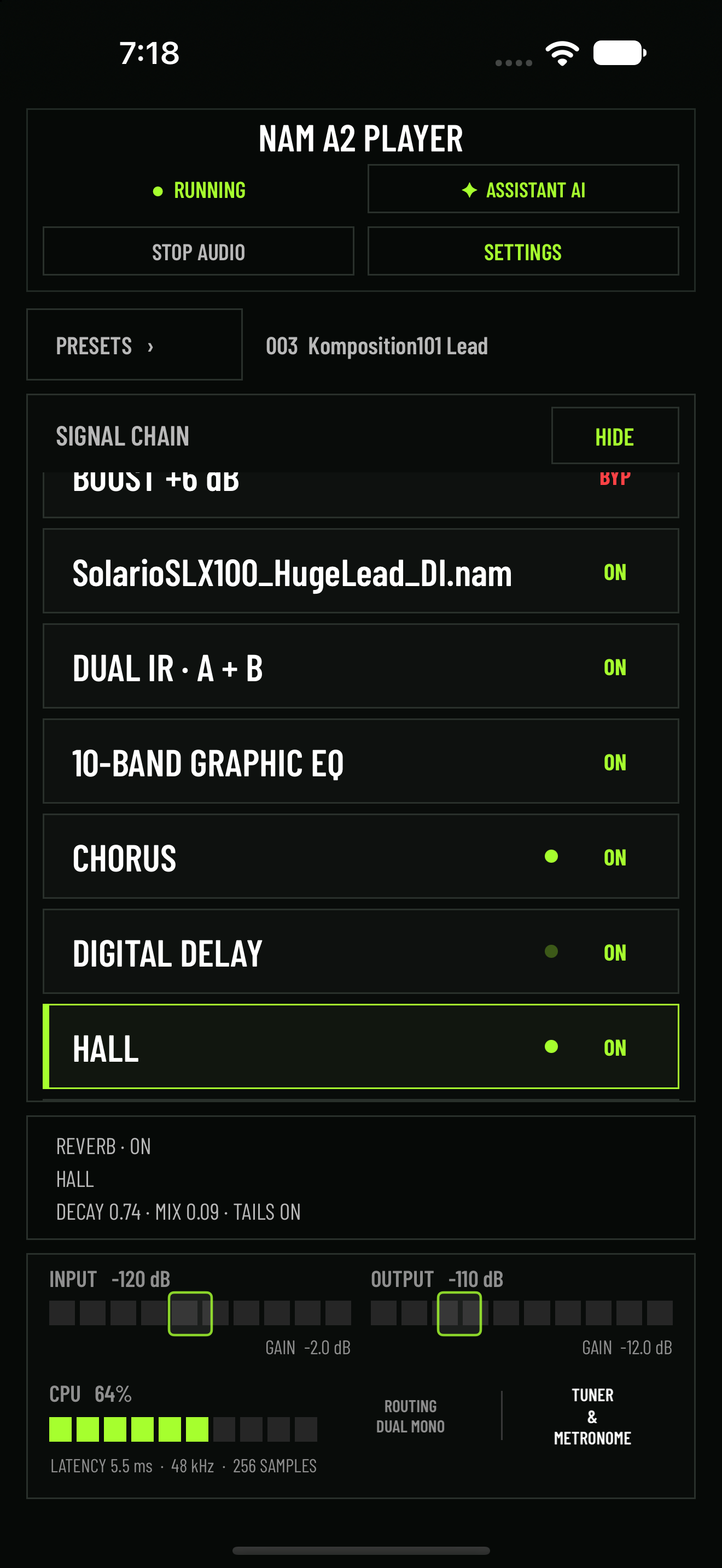 NAM A2 Player time-based effects and Dual IR signal chain on iPhone