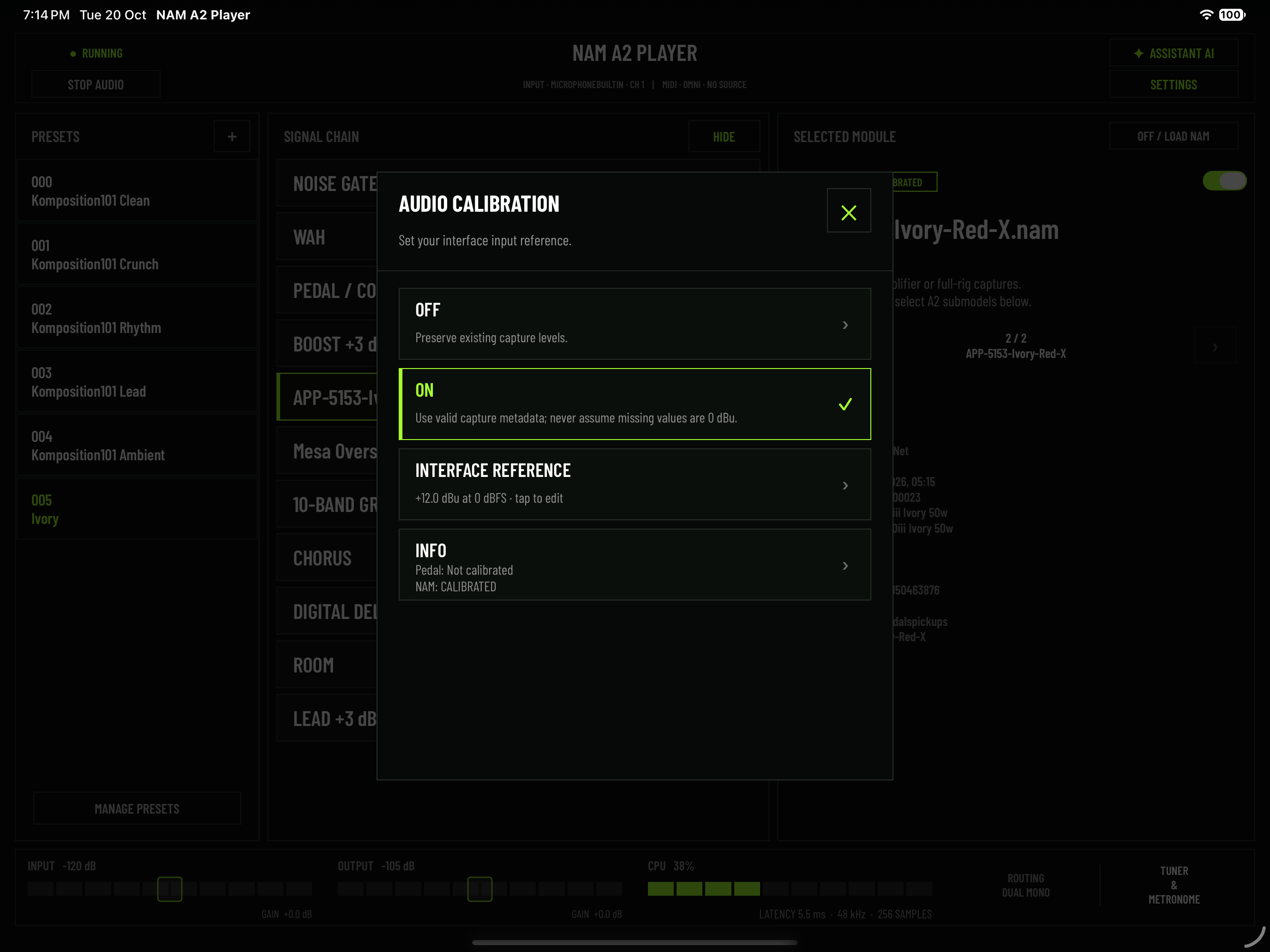 NAM A2 Player 4.9.26 Audio Calibration controls on iPad